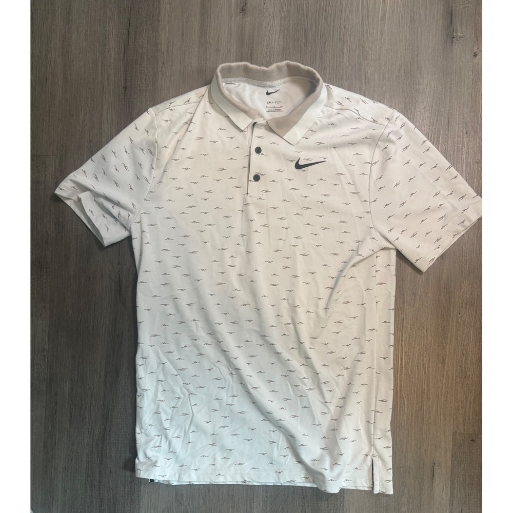 Nike Golf Polo Mens Small White Tan Abstract Print Dri-FIT Short Sleeve Shirt